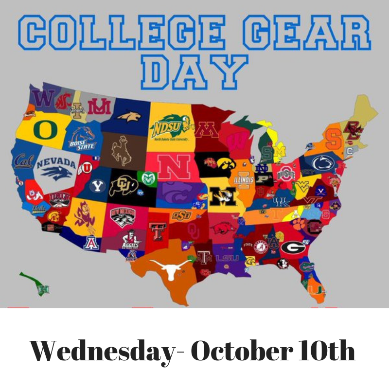 college gear day for spirit week 10/10/18