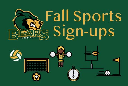 Fall Sports Sign-Ups Feature Image with icons of volleyball soccer, cheering, football, golf, track