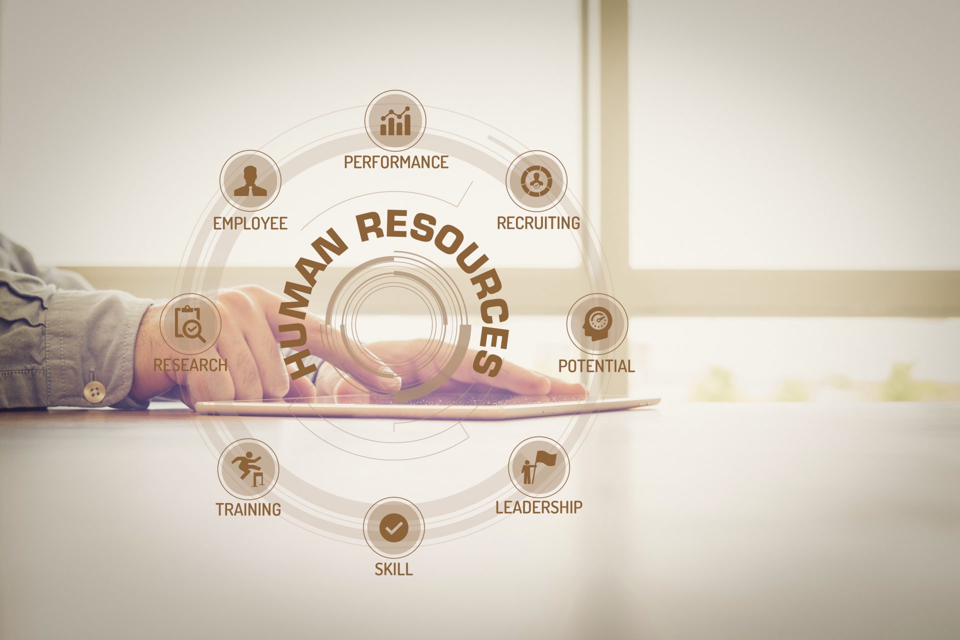 HUMAN RESOURCES chart with keywords and icons on screen