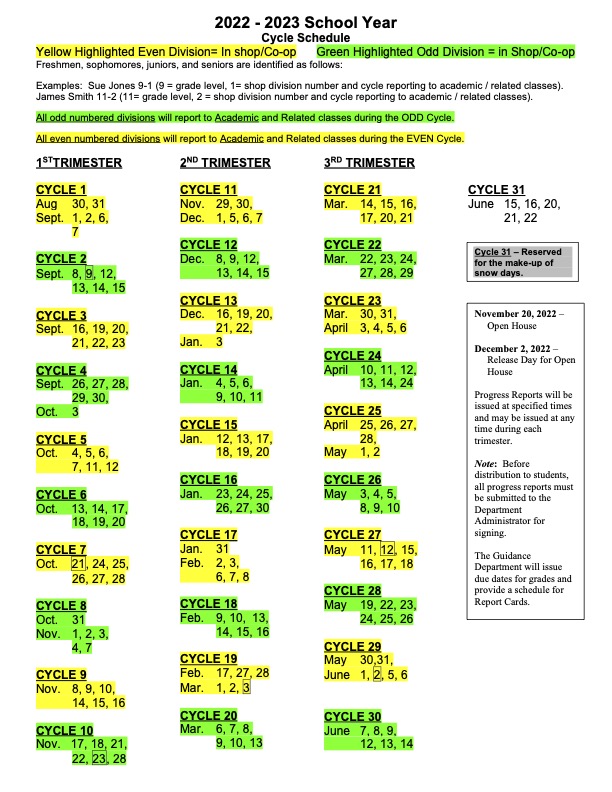Highlighted 2022-2023 6-Day GNBVT Cycle Schedule Click on image to get a readable pdf