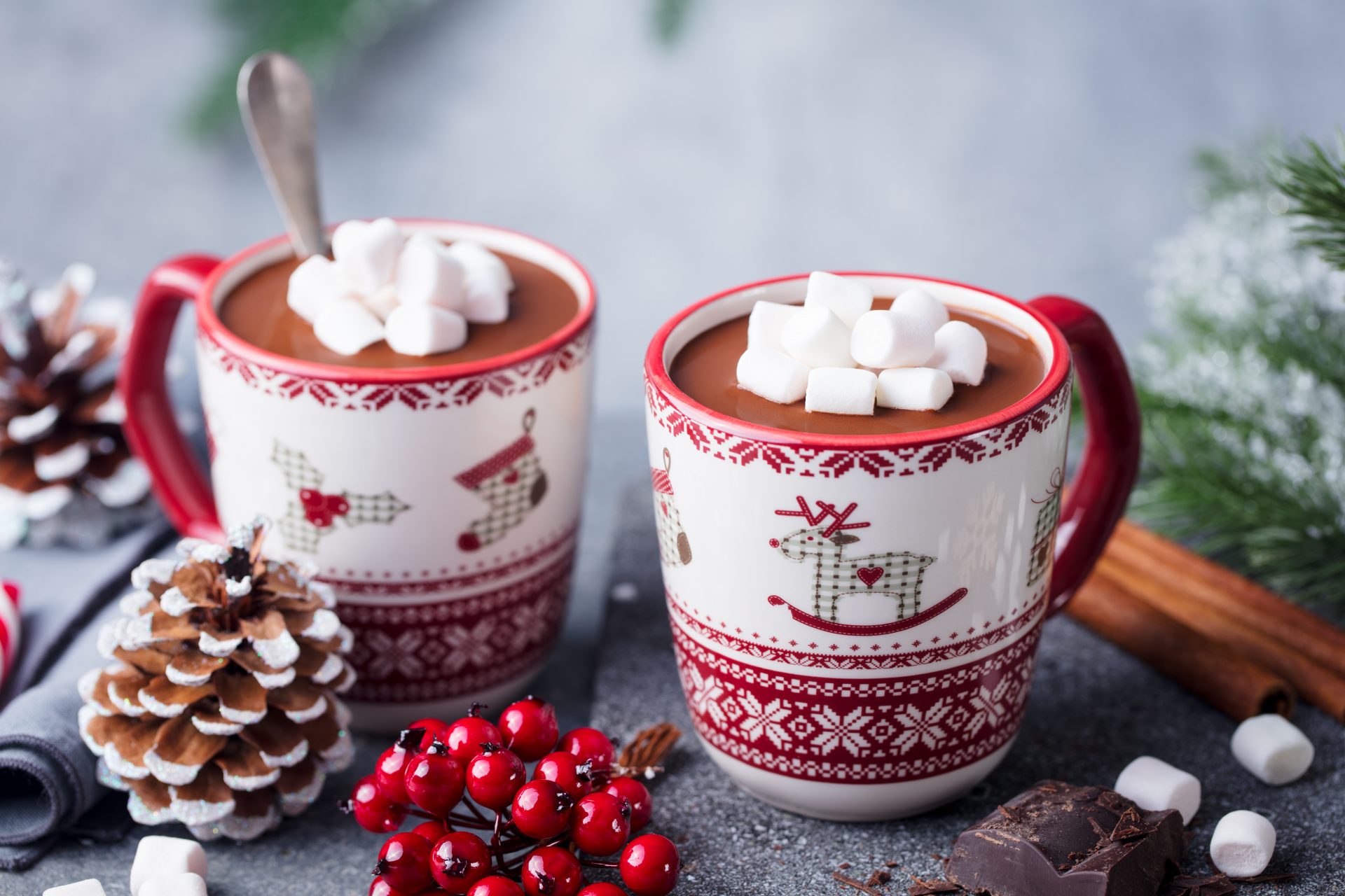 Hot chocolate drink with marshmallows. Christmas, New Year decoration. Grey background. Close up. Copy space.