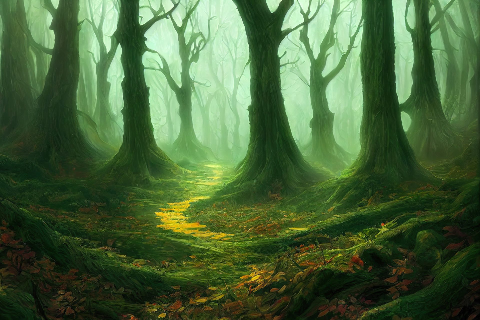 antasy forest background. Mysterious path deep in enchanted fore