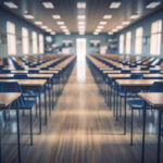 Chairs at tables in empty college classroom desks in a line within a large open classroom