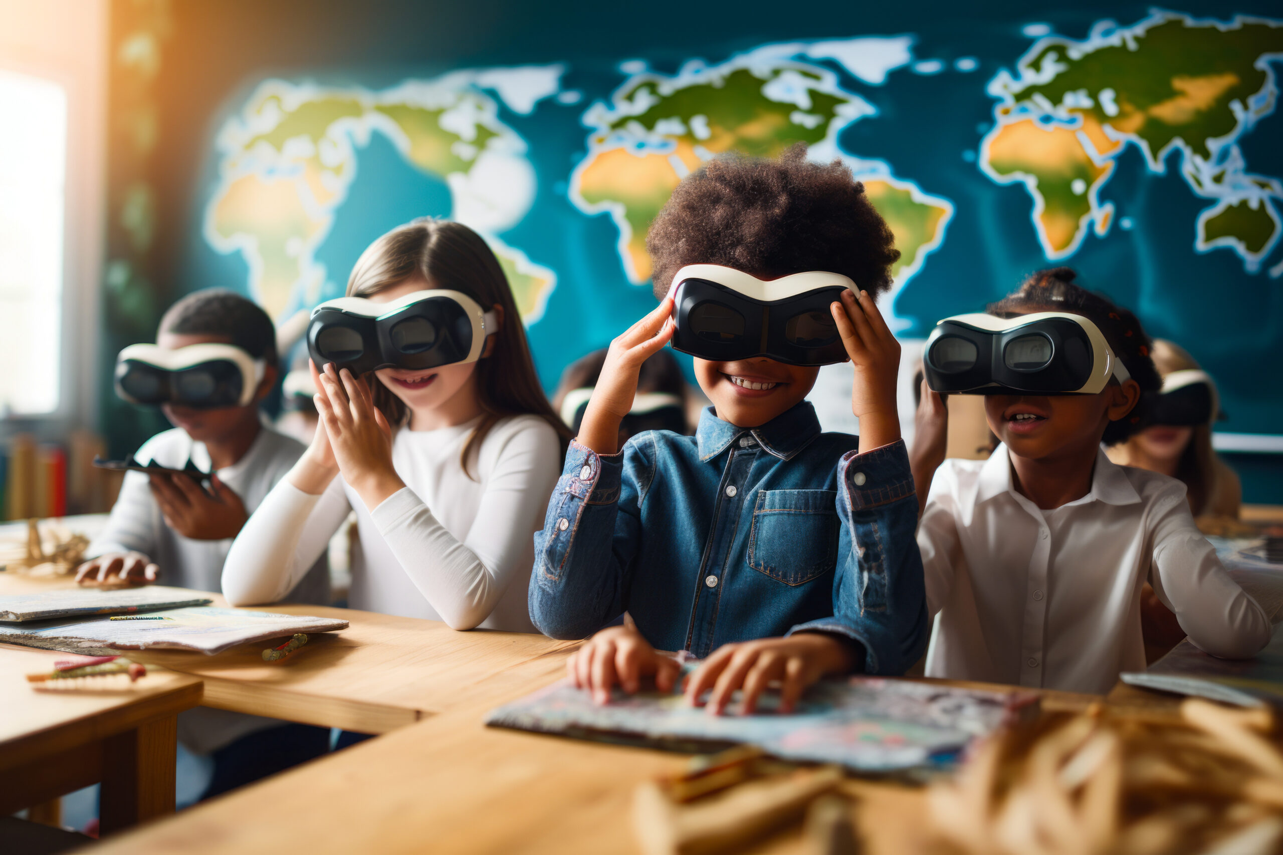 Group of children wearing virtual glasses in classroom with map.