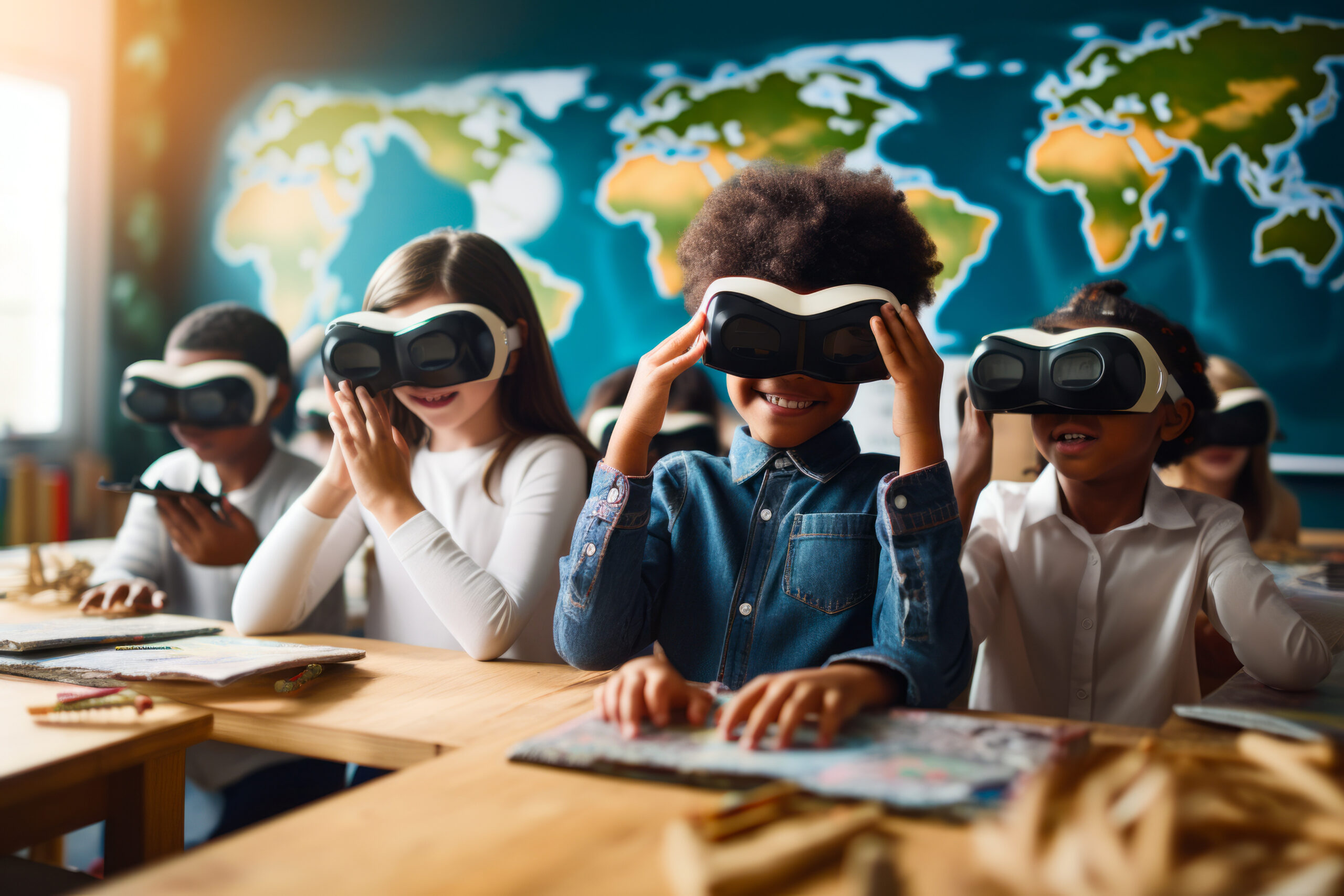 Group of children wearing virtual glasses in classroom with map. Generative AI Group of children wearing virtual glasses in classroom with map.