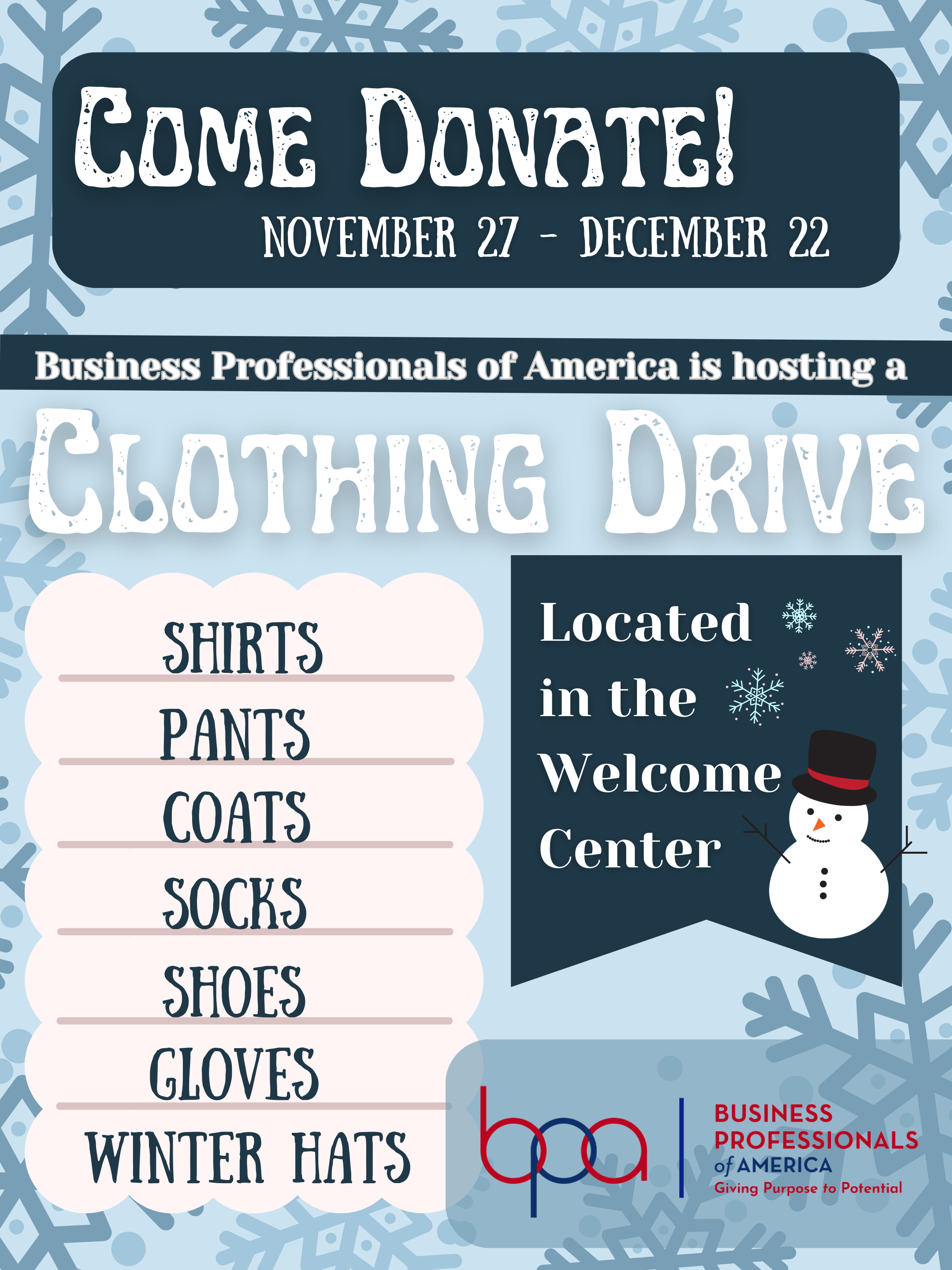 Poster describing where and when the Clothing Drive is taking place for BPA, rectangular shaped, blue color scheme