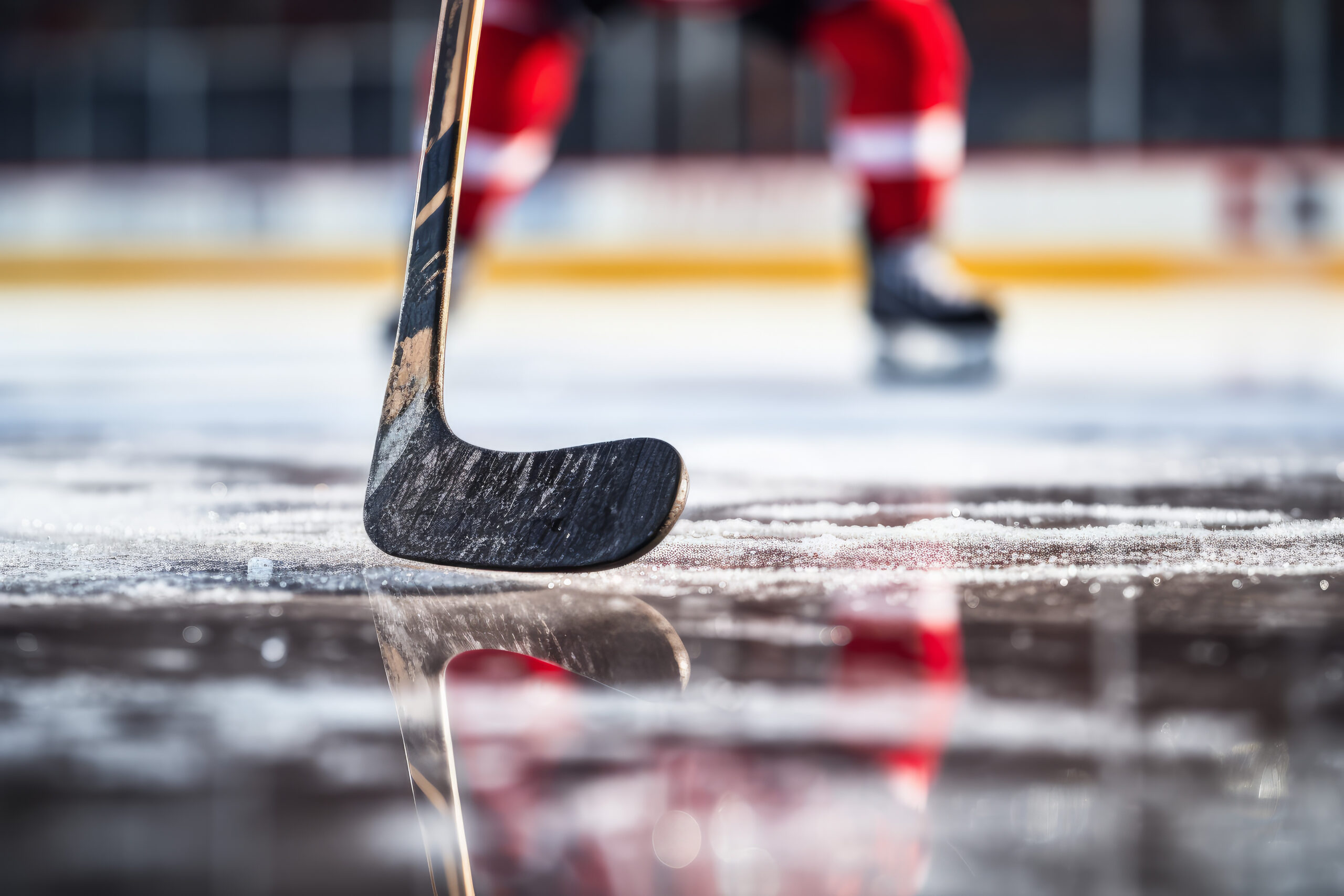 hockey players feet blurred in background, hockey stick on ice in focus