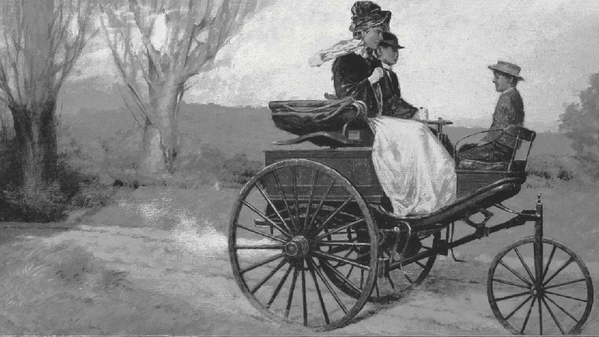 A painting of the roadtrip Bertha Benz took with her two sons. The trio is on the right of the painting, all three sitting on the automobile as it moves forward.